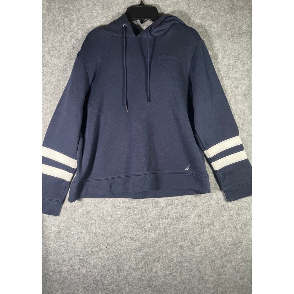 Nautica Navy‎ Blue Hoodie Varsity Stripe Sleeve Pullover Sweatshirt Mens Medium
